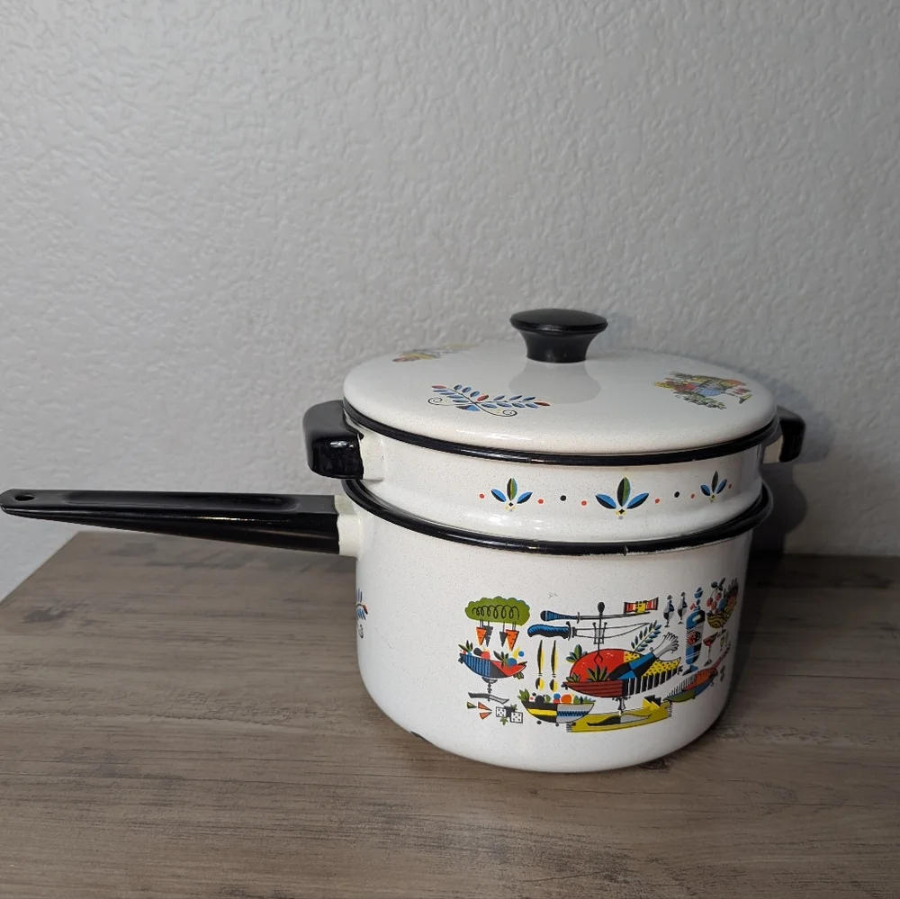 Georges Briard Enamel Ware Double Boiler Turkey Dinner Pattern